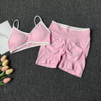 Pfirsich-Po-Yoga-Anzug Damen Gym Nahtloser Träger-BH mit Raffung Hoher Bund Po-Lifting Bauchstraffende Shorts Fitness-Set