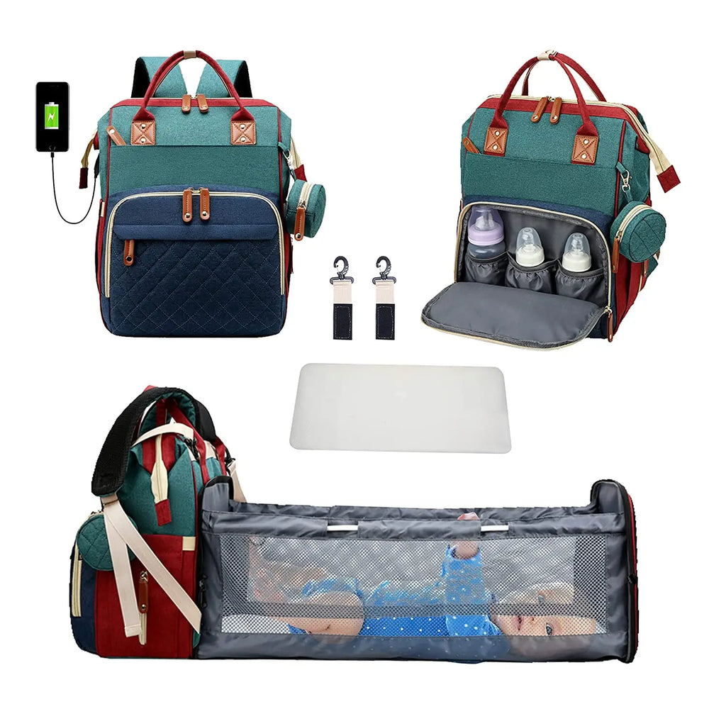 3-in-1-Wickeltaschen-Rucksack, faltbares Babybett, wasserdichte Reisetasche mit USB-Ladefunktion, Wickeltaschen-Rucksack mit Wickelbett, 3 Typen