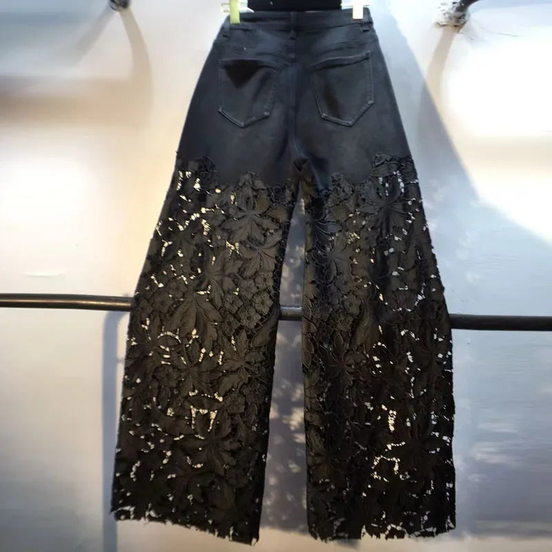Neue Sommer Denim Patchwork Hakenblume Aushöhlen Spitze Gerade Weite Hose Casual Hohe Taille Schwere Stickerei Strass