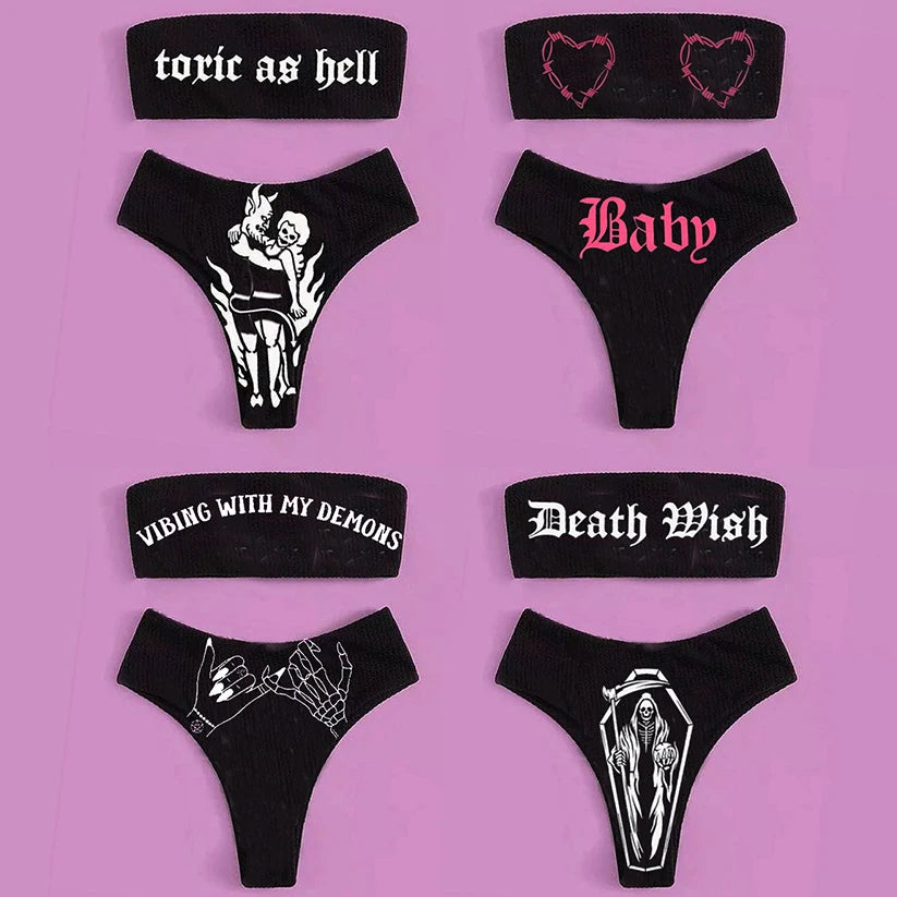 Gothic Bikini 2025 Damen Skelett Tube Top BH Triangel-Höschen Split Badeanzug Unterwäsche Y2K Bikinis Punk Bademode Hauptbild