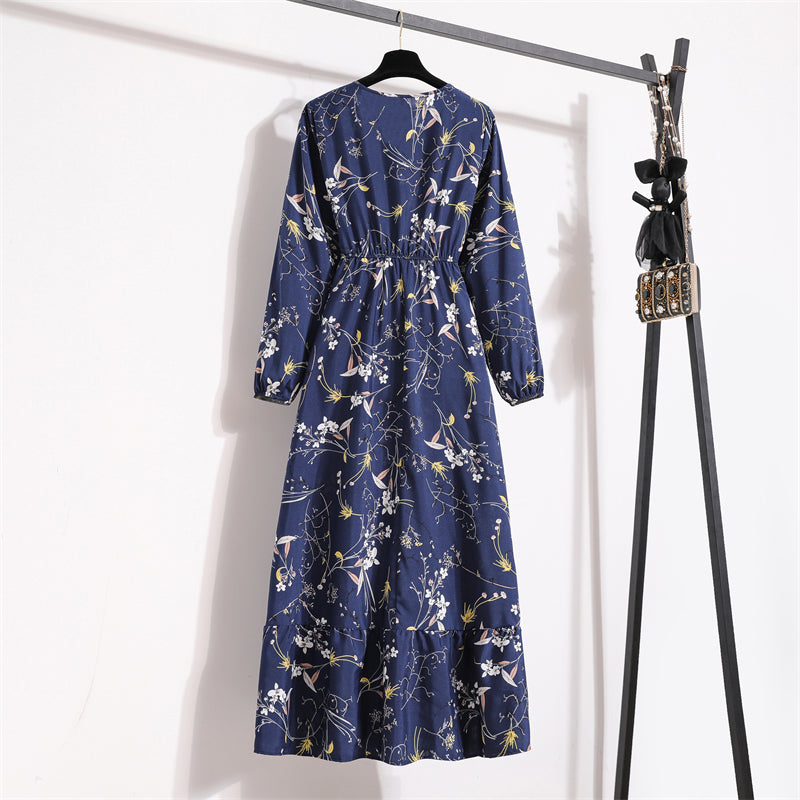 Frühling Sommer Damen Maxikleider Casual Langarm Geblümt O-Ausschnitt Damen Boho Strandparty Langes Kleid Mujer Vestidos