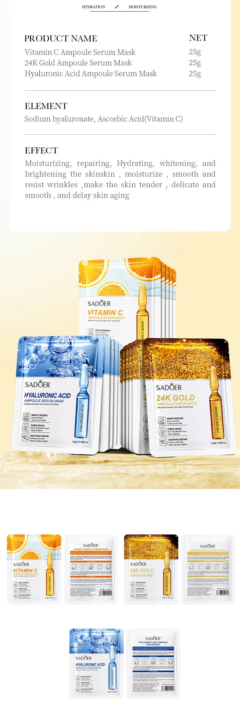 10 St. SADOER 24K Gold Vitamin C Hyaluronsäure Gesichtsmaske Feuchtigkeitsspendend Straffend Hydrierend Gesichtsmasken Hautpflegeprodukte