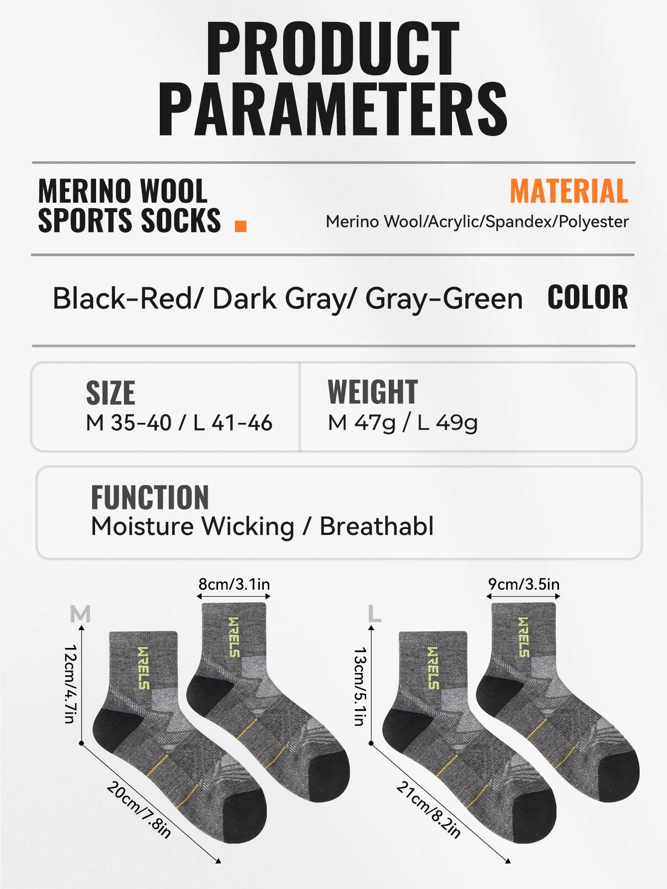 WRELS 1/2/3 Paar Merinowollsocken Wander-Laufsocken Atmungsaktiv Gepolstert Schweißableitend Warm Thermisch Kompressions-Wollsocken