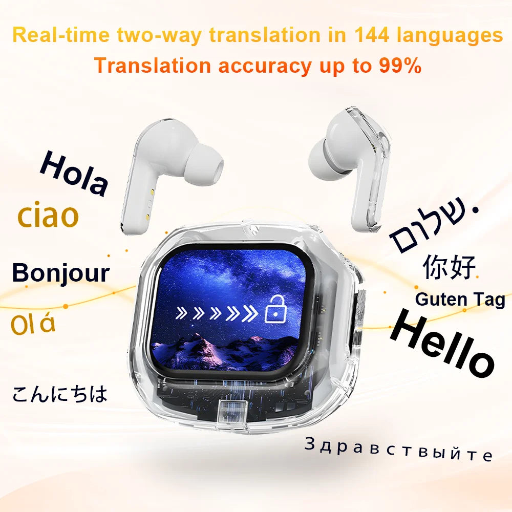 Übersetzung Kopfhörer mit Touchscreen Kabellos Bluetooth 5.4 Smart Earphone HiFi Audio Hohe Qualität Transparente Hülle Headset