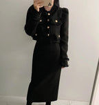 Beige Tweed Jacke + High Waisted Röcke Damen Winter Goldener Knopf 2-Teiler Woll Luxus Vintage Röcke Sets Herbst