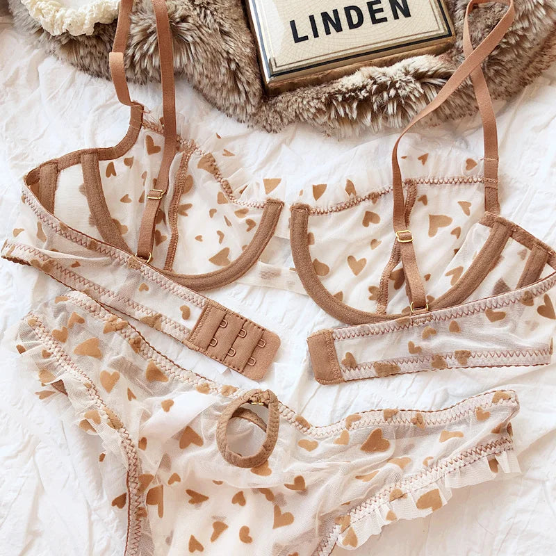 Neues Dessous-Tangas-Set, sexy, ultradünner transparenter BH, Damen-Bügel-Push-up-BH-Set, sommerliche, romantische Pfirsichherz-Unterwäsche