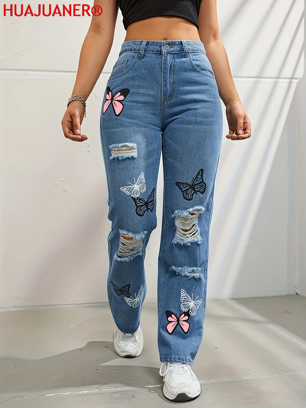 Schmetterlingsdruck Jeanshosen Damen Löcher Jeans Straight Fit Hose Hohe Taille Loose Fit Vintage 2026 Casual Distressed Denims