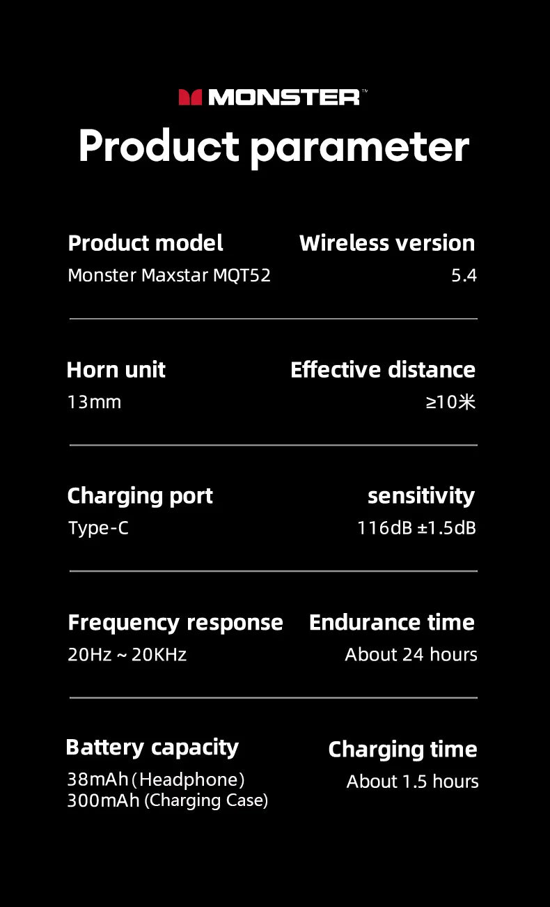 Monster MQT52 Bluetooth 5.4 Wireless Kopfhörer 24 Std. Akkulaufzeit Stereo-Kopfhörer Niedrige Latenz Gaming Dual-Modus Headset Geschenk