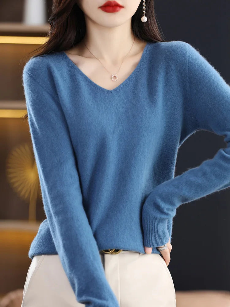 Damen 100% Merinowolle Pullover V-Ausschnitt Basic Pulli Herbst Winter Kaschmir Kleidung Langarm Weiche Strickware Oberteile Unifarben