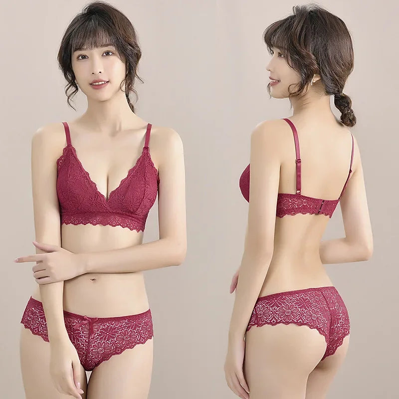 Damen Push-up BH Set Sexy Dessous Geblümte Spitze Kabelloser Bralette Niedriger Bund Höschen Sexy Slips Damen Unterwäsche Intimates