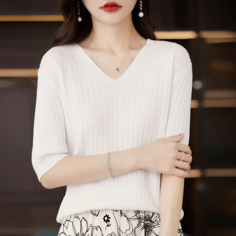 Damen Pullover Frühling Sommer Kurzarm V-Ausschnitt Strickshirt Lässige koreanische Pullover Gestreiftes Unterziehshirt Slim Fit Pullover