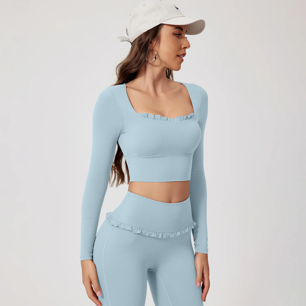 Neues Sommer 2-teiliges Damen-Fitnessstudio Yoga Damen-Outfit Outdoor Sport Schnelltrocknendes Langarmshirt-Set Damen Zweiteiler Sportbekleidung