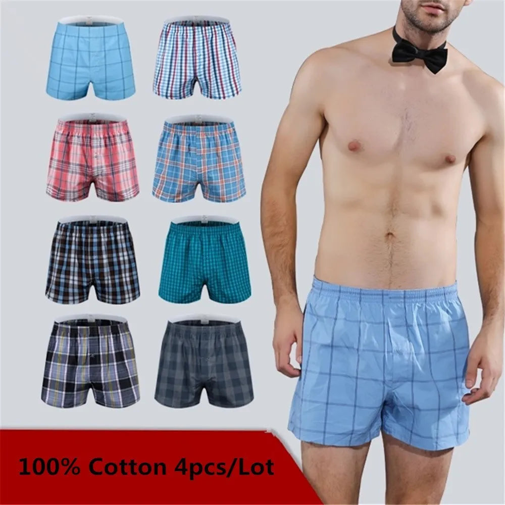 4 Herren-Boxershorts Locker Herrenunterhosen Baumwolle Großes Karomuster Pfeilhose Übergröße Klassische Basics Karo