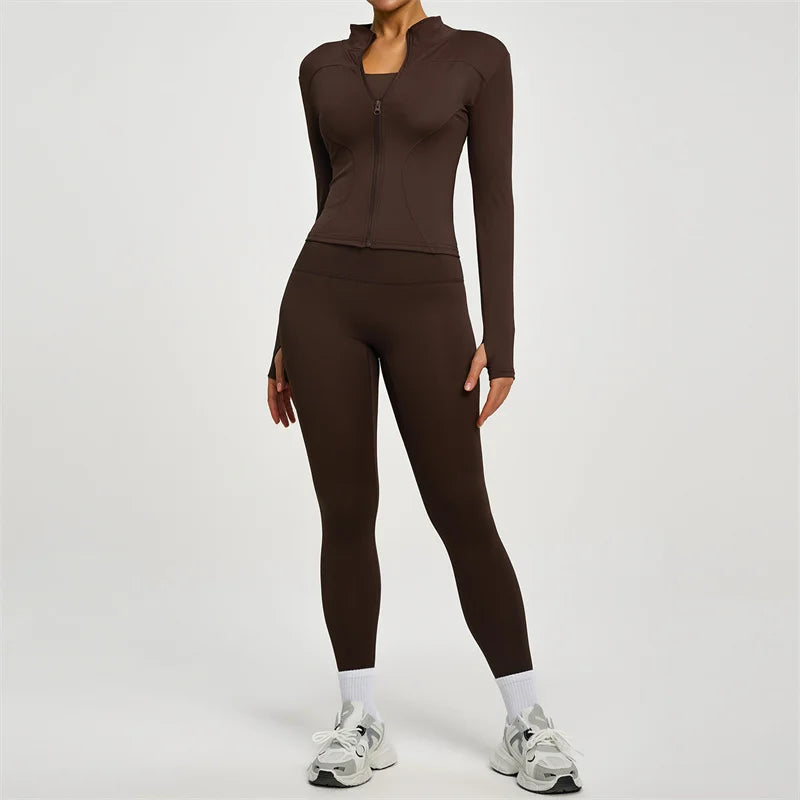 SVEIC Damen Zweiteiliger Trainingsanzug Yoga Set Langarmjacke High Waisted Leggings Atmungsaktive Sportkleidung Für Frauen