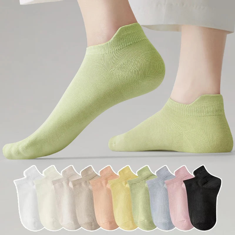 10 Stück=5 Paar Damen Socken Casual Atmungsaktiv Hohe Qualität Knöchelsocken Sommer Low Cut Baumwolle Dünne Kurze Elastische Socken calcetines