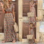 Sommer Bohemian Damen Maxikleid 2024 V-Ausschnitt Kurzarm Geblümt Strand Elegant Vintage Kleid mit Gürtel