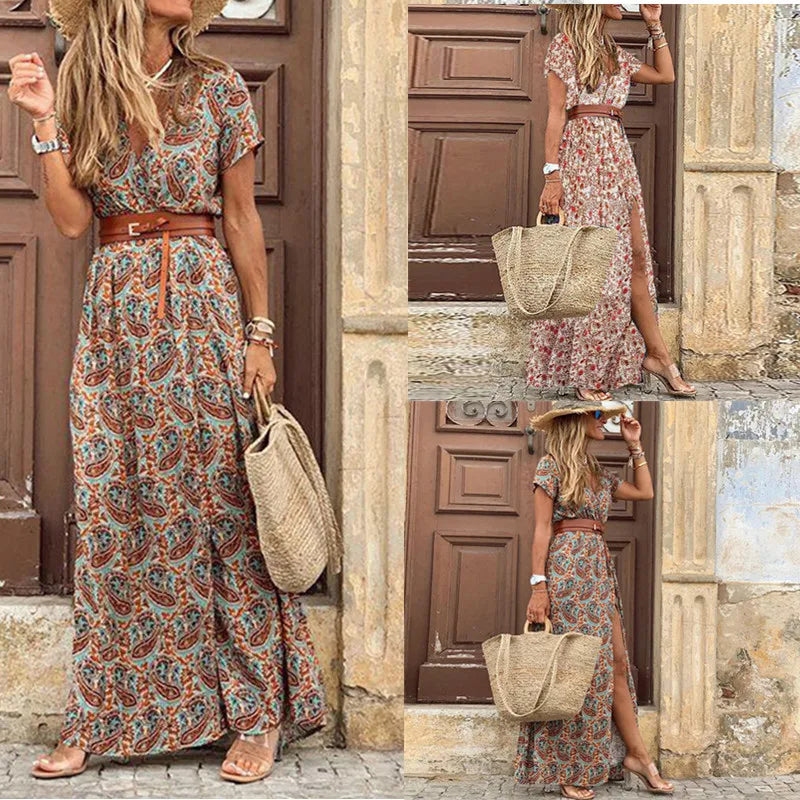 Sommer Bohemian Damen Maxikleid 2024 V-Ausschnitt Kurzarm Geblümt Strand Elegant Vintage Kleid mit Gürtel