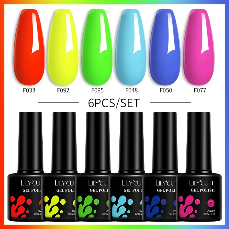 LILYCUTE 7ML 6PCS Neon Gel Nagellack Set fluoreszierend Farbwechsel Semi Permanent Soak Off Maniküre-Kit Nail Art Gel