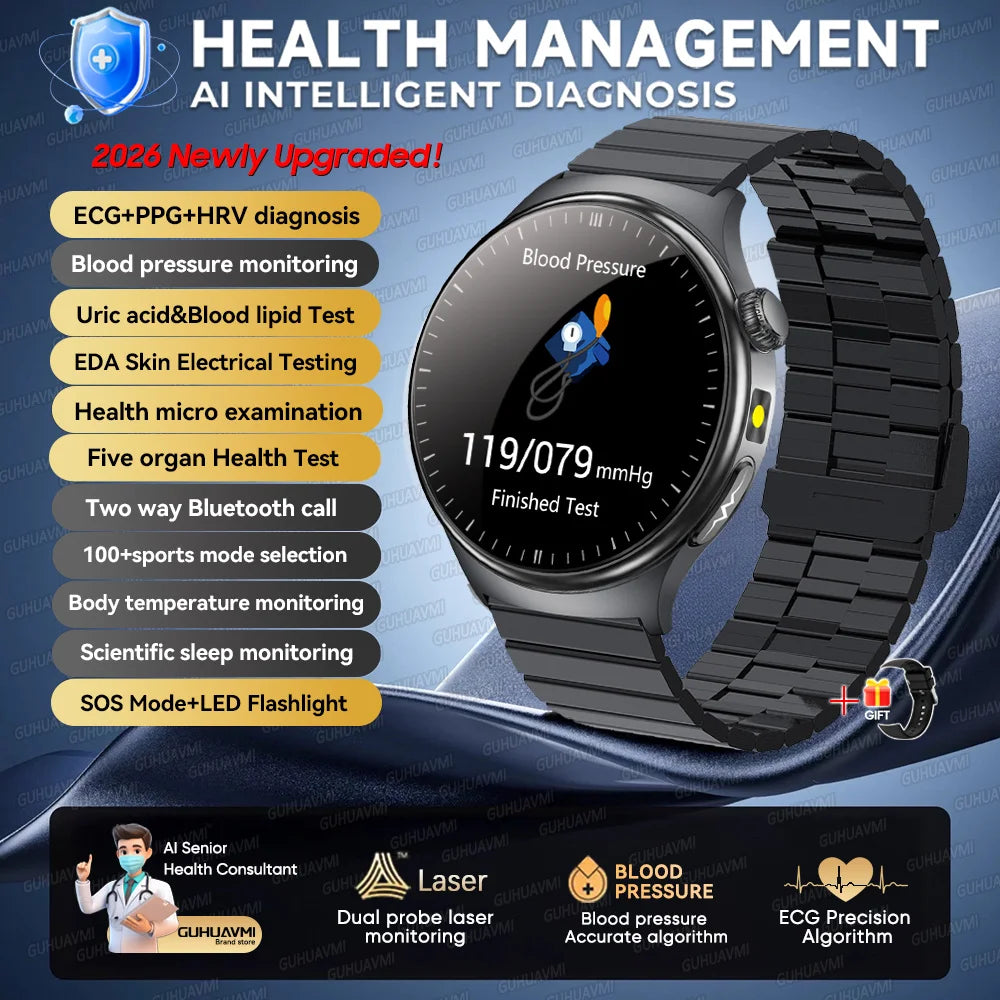 2026 Neue Mikrophysikalische Untersuchung Gesundheits-Smartwatch Herren EKG Harnsäure Lipide Blutdruck BT Anruf Smartwatch Für Android IOS