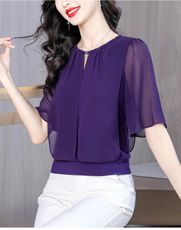 Sommerkleidung Halbarm-Chiffonbluse 2025 Neue Mode Loose Damen Tops Einfarbige Freizeit-Pullover-Shirts