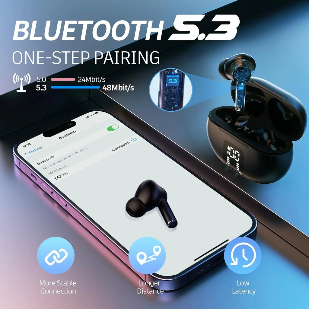 Kabellose Bluetooth 5.3 Kopfhörer 60 Std. Wiedergabezeit LED-Leistungsanzeige Ohrhörer Mikrofon Geräuschunterdrückung Stereo Sound Earphones