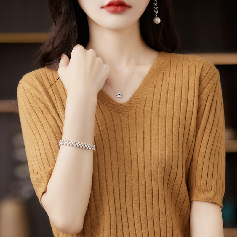 Damen Pullover Frühling Sommer Kurzarm V-Ausschnitt Strickshirt Lässige koreanische Pullover Gestreiftes Unterziehshirt Slim Fit Pullover