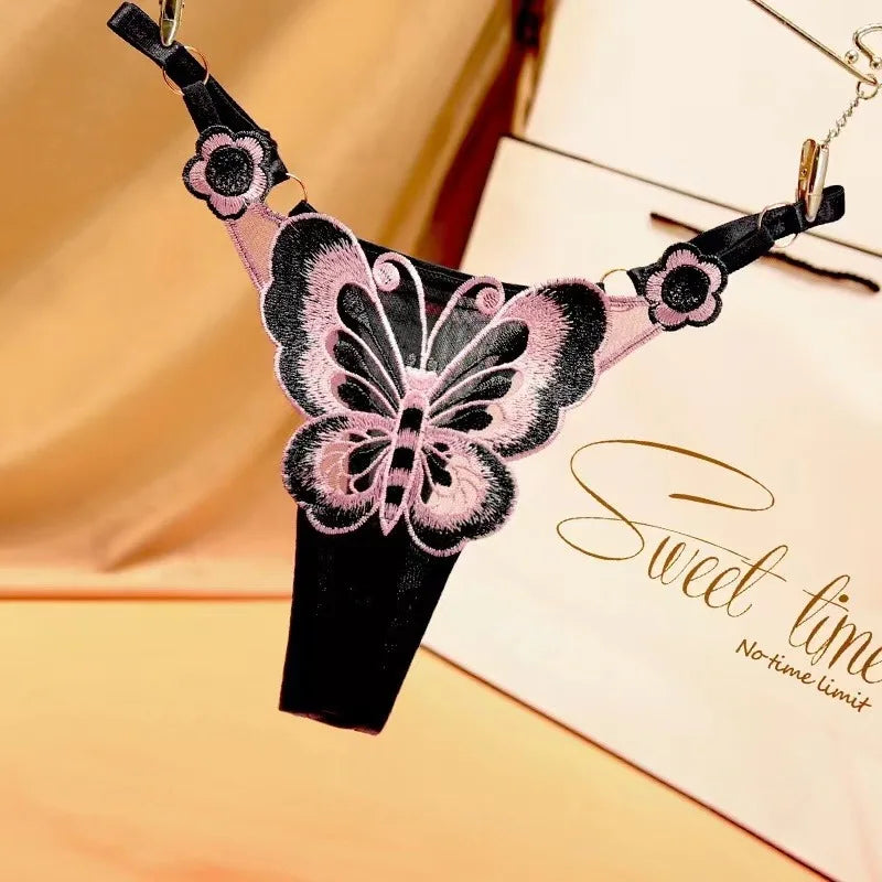 Sexy Lace Thong Women Butterfly Low Waist Panties G strings Transparent Mesh Briefs Adjustable Waist Panties Culotte Femme