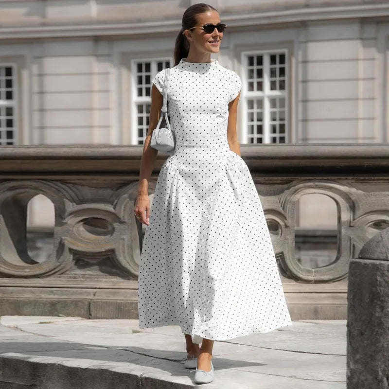 Talenza Weißes gepunktetes langes Kleid Sommer Sexy High-Waist Vintage Print Ärmelloses Kleid Lässige Party Urlaub Neues Damenkleid