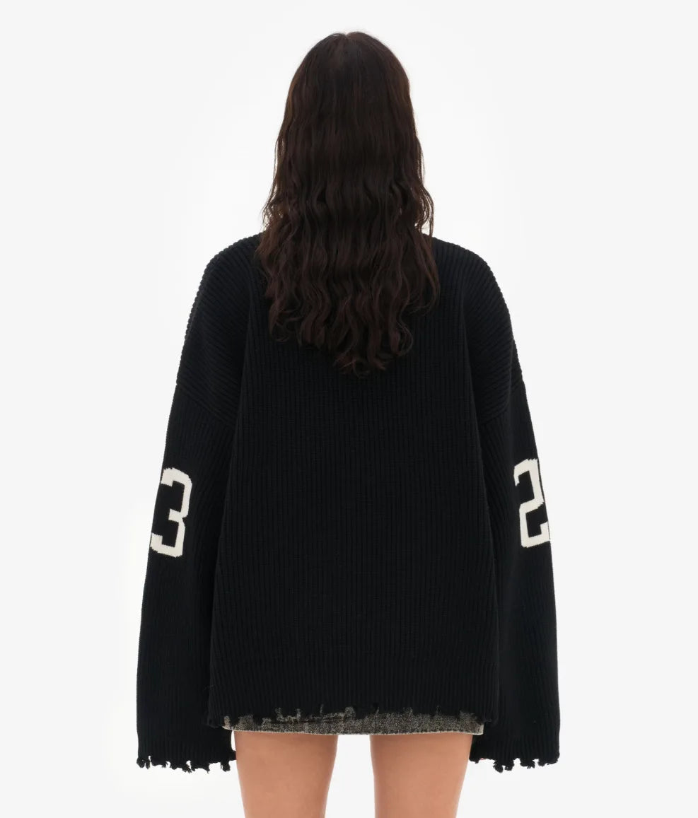 Trendiger lockerer Buchstaben-Jacquard-Strickpullover Damen 2025 Herbst Neu Highstreet Grau Schwarz Weicher Pullover Hottie Vielseitige Teile