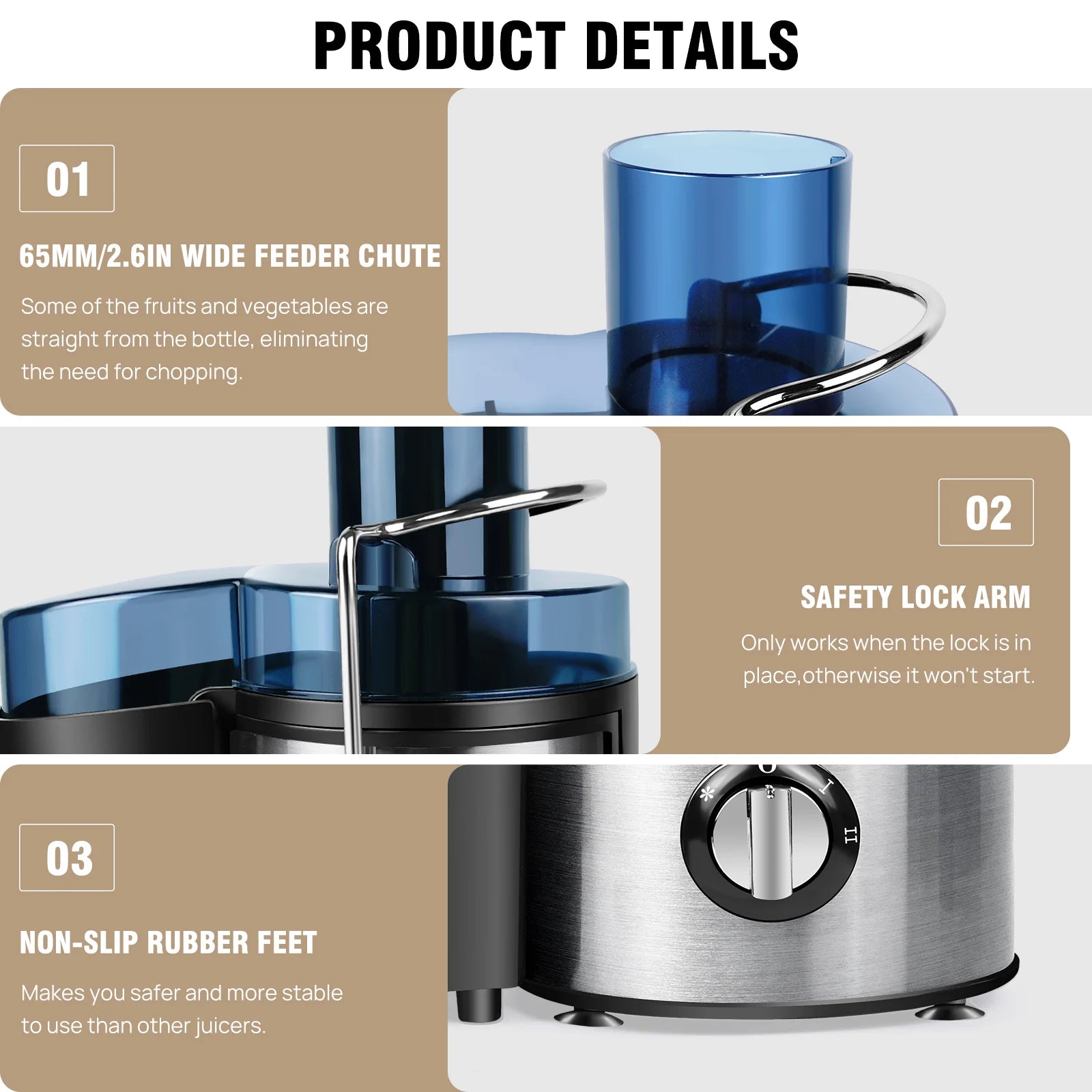 BRIEFNESS Entsafter Zentrifugalentsafter Ganze Früchte Gemüse 500W 65mm Weite Öffnung 2 Geschwindigkeiten 500ml Effizienter Saftbereiter