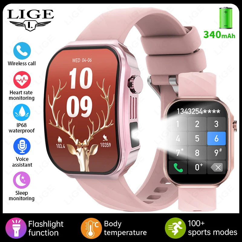 LIGE Neue 2,2-Zoll 3D Gebogenes Display Smartwatch Mit LED-Licht Thermometer Gesundheitsmonitor Smartwatch BT Anruf Sport Fitness Uhr
