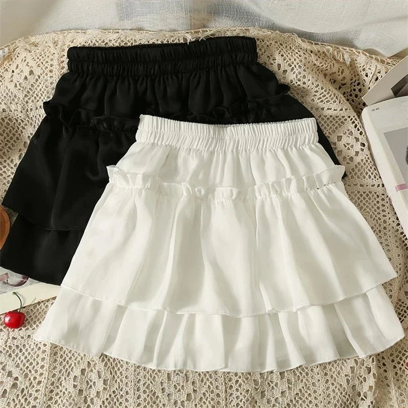 Sommer Kawaii Weiß Rüschenrock Damen Mode Slim Fit Minirock Mädchen Y2k All Match Elastischer Hoher Bund Schwarze Faldas