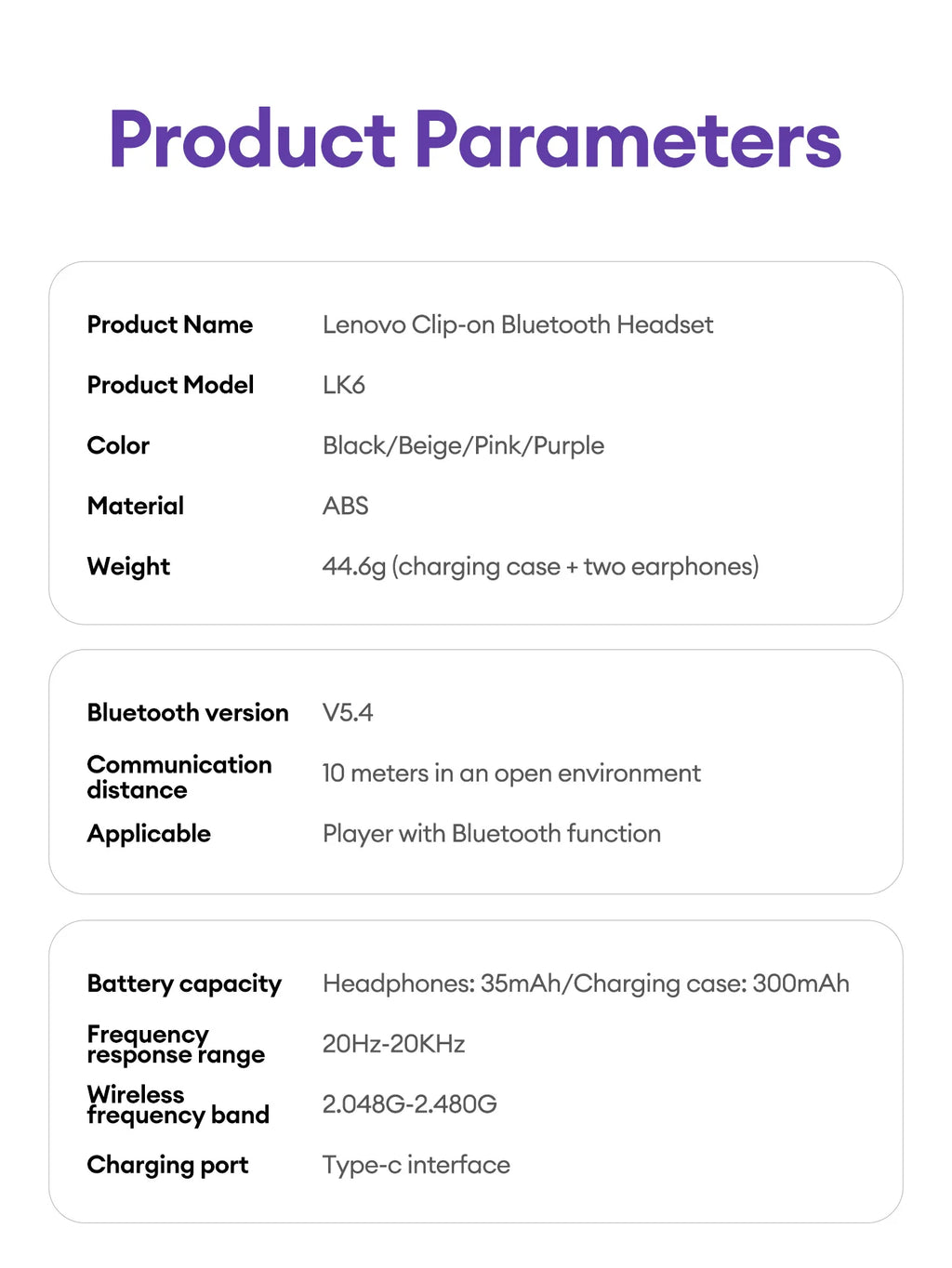Lenovo LK6 Over-Ear Kabellose Bluetooth 5.4 Kopfhörer Klangqualität Rauschunterdrückung Ohrclip-Kopfhörer Lange Ausdauer Headsets