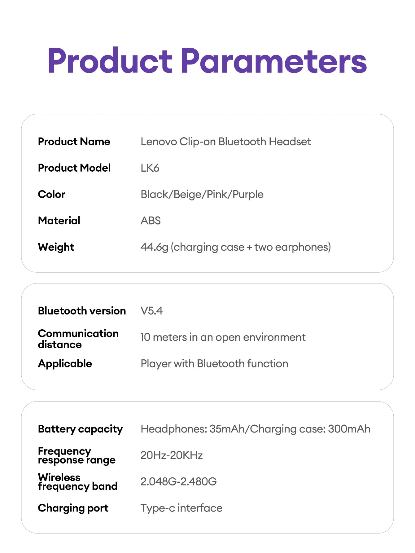 Lenovo LK6 Over-Ear Kabellose Bluetooth 5.4 Kopfhörer Klangqualität Rauschunterdrückung Ohrclip-Kopfhörer Lange Ausdauer Headsets