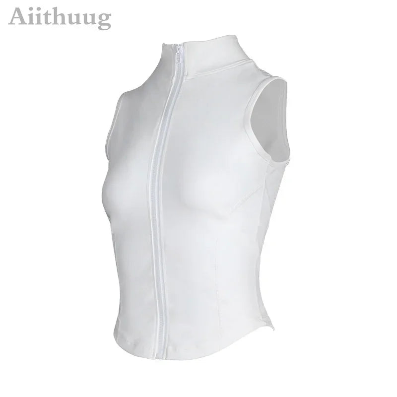 Aiithuug Athletic Reißverschluss-Sweatweste Jacke Ärmellose Lauf-Yoga-Tops Stehkragen-Shirts Sport-Top Fitness Damen Workout-Tops