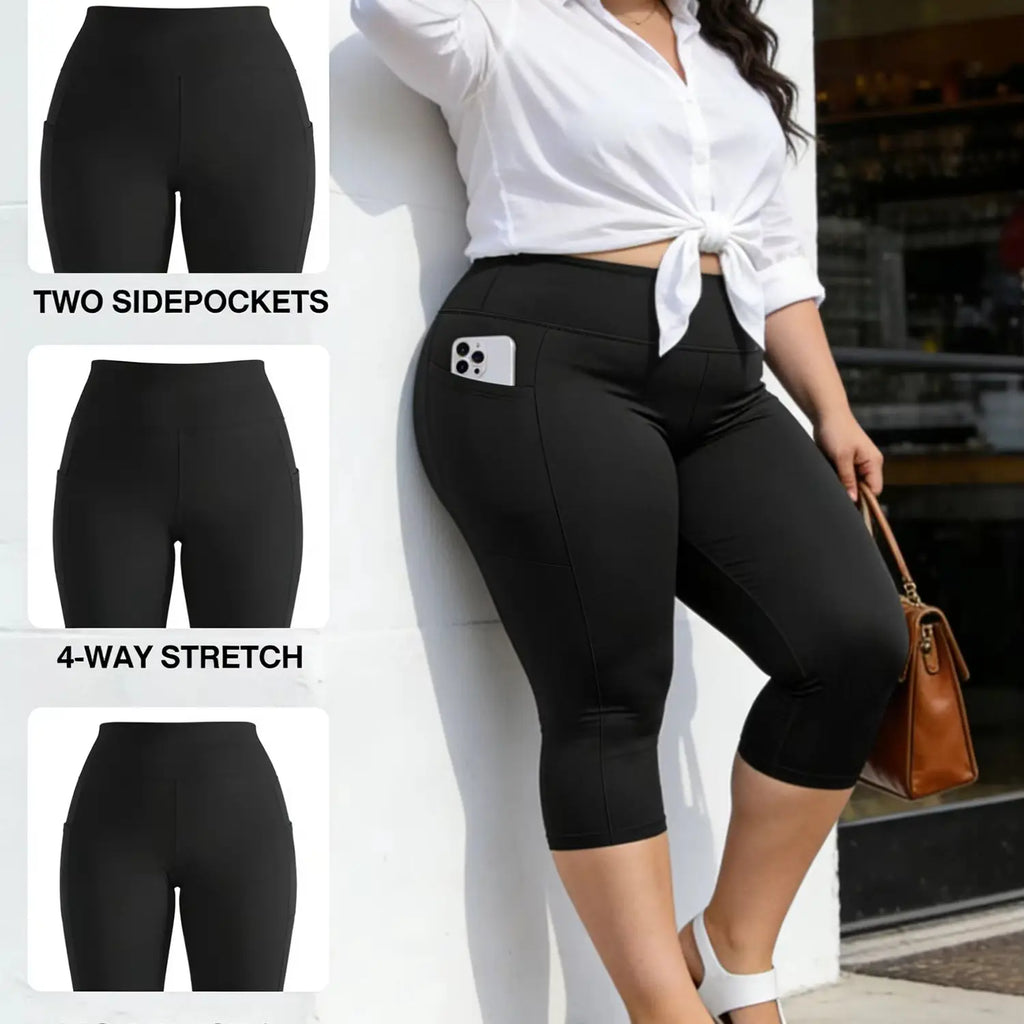 Große Größen Leggings mit Taschen für Damen - Schwarz Hohe Taille Bauchkontrolle Weiche Yogahose für Fitnessstudio-Workouts