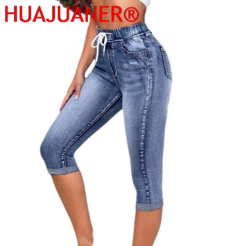 Jeans Damen Wadenlange Hose Denim Passform Hohe Taille Kordelzug Taschen Vintage Bleistifthose 2026 Streetwear Denims