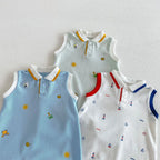 2026 Neue Sommer-Babykleidung 0-2 Jahre Cartoon-Print Ärmelloser Polo-Strampler Atmungsaktives Mesh-Gewebe mit Knopfleiste und Druckknopfverschluss