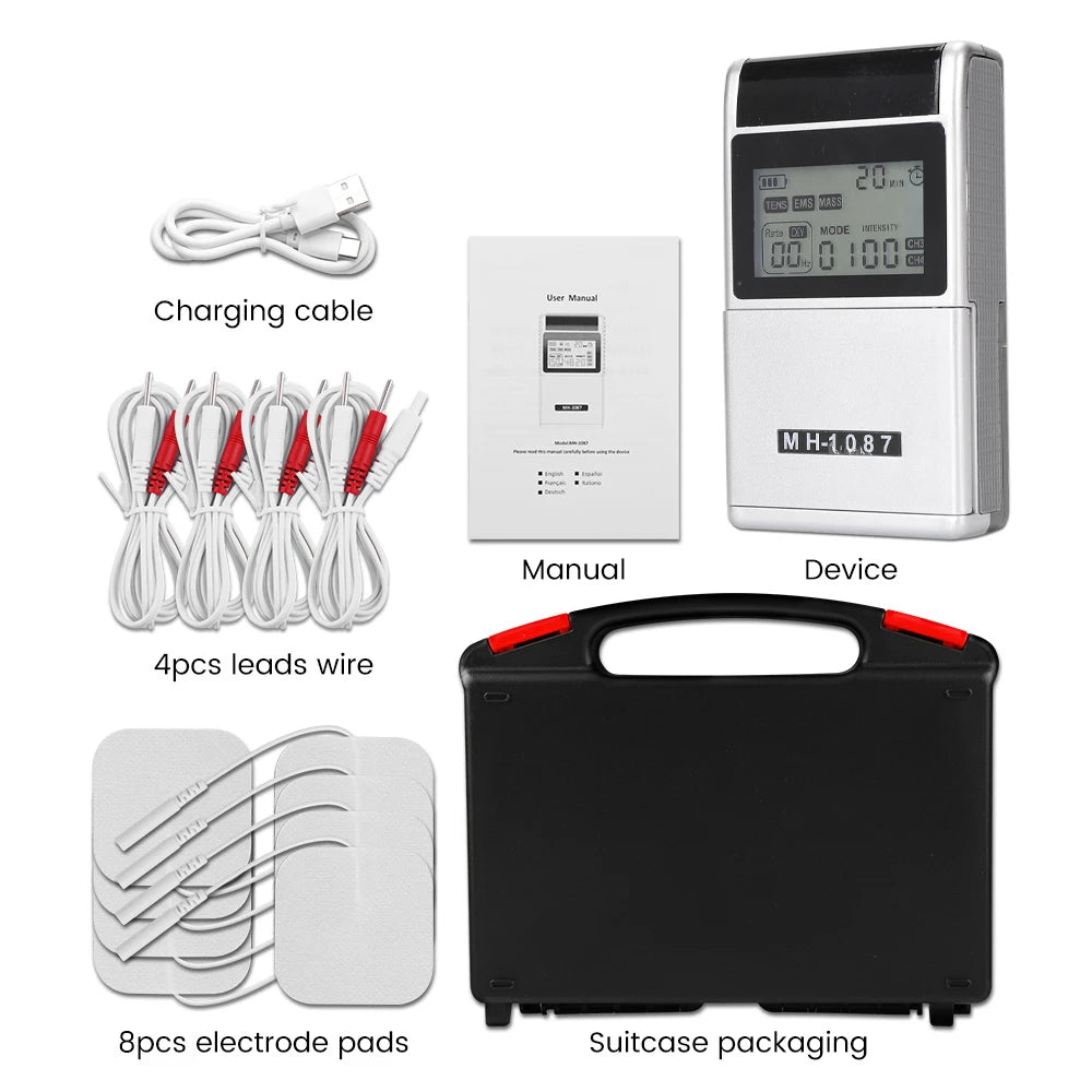Digital TENS EMS Unit 4-Channel Tens Electrostimulator Rechargeable Muscle Stimulator with 20 Intensity Levels for  Pain Relief