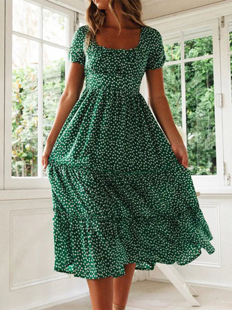 Vintage-Kleider Vintage-Druck Puffärmel Sommer Strand Süße Kleider Lässiger eckiger Ausschnitt Blumen-Maxikleid Festa Zweitbild