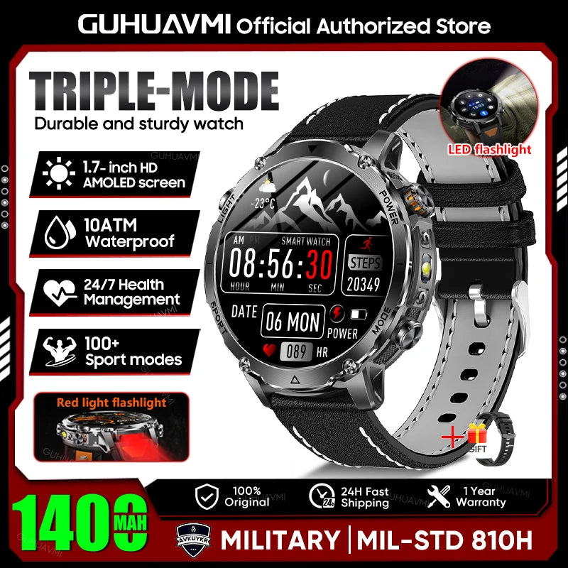 2026 Neue TANK Ultra 1400mAh Akku Militär Smartwatch 10ATM Wasserdicht Herzfrequenz Taktische LED Taschenlampe Herren Sportarmband