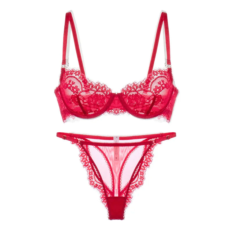 Sexy dünne Spitzen-Dessous-Slips Sets Damen große Größen BHs mit Stahlring durchsichtiges Unterwäsche-Set BH-Set