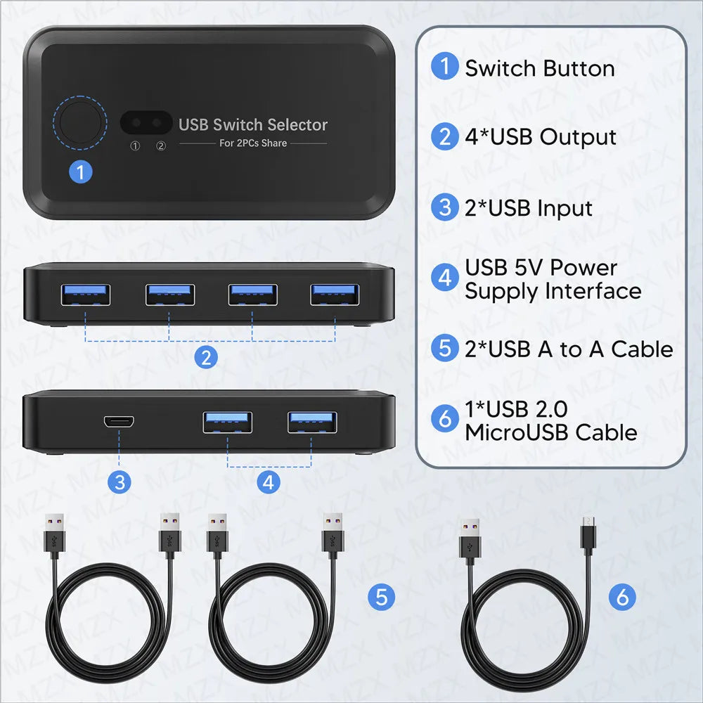 MZX USB 3.0 Switcher KM Switch Selector KVM Hub Docking Station 2 Computer Laptop PC Desktop Accessories Share Printer Keyboard