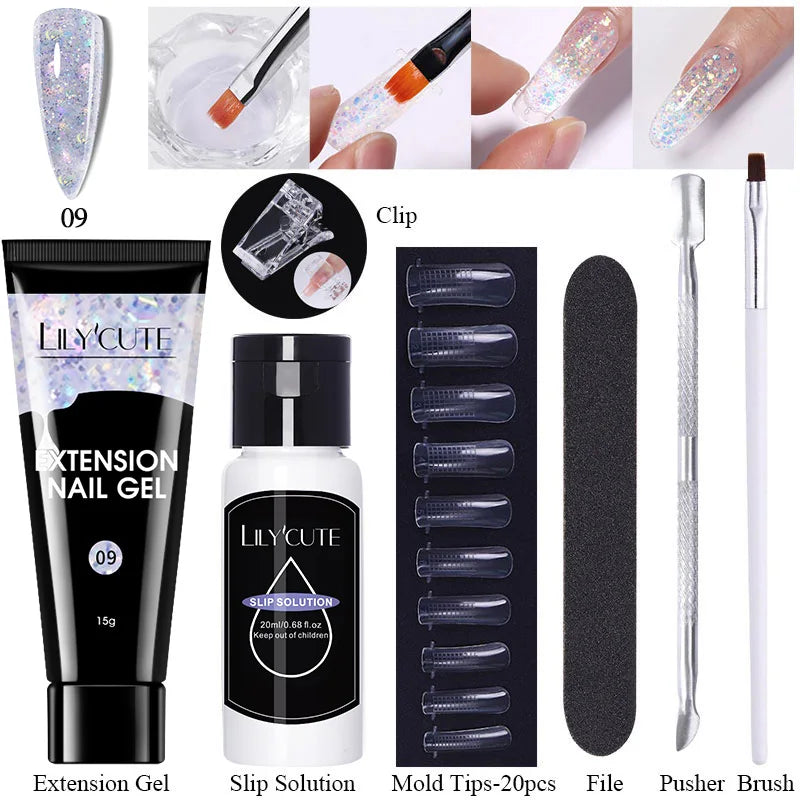 LILYCUTE 15ml Verlängerungsgel-Nagellack-Set Quick Nail Prolong mit Verlängerungsform-Nagelspitzen Acryl-Lösung Maniküre-Werkzeug-Kit