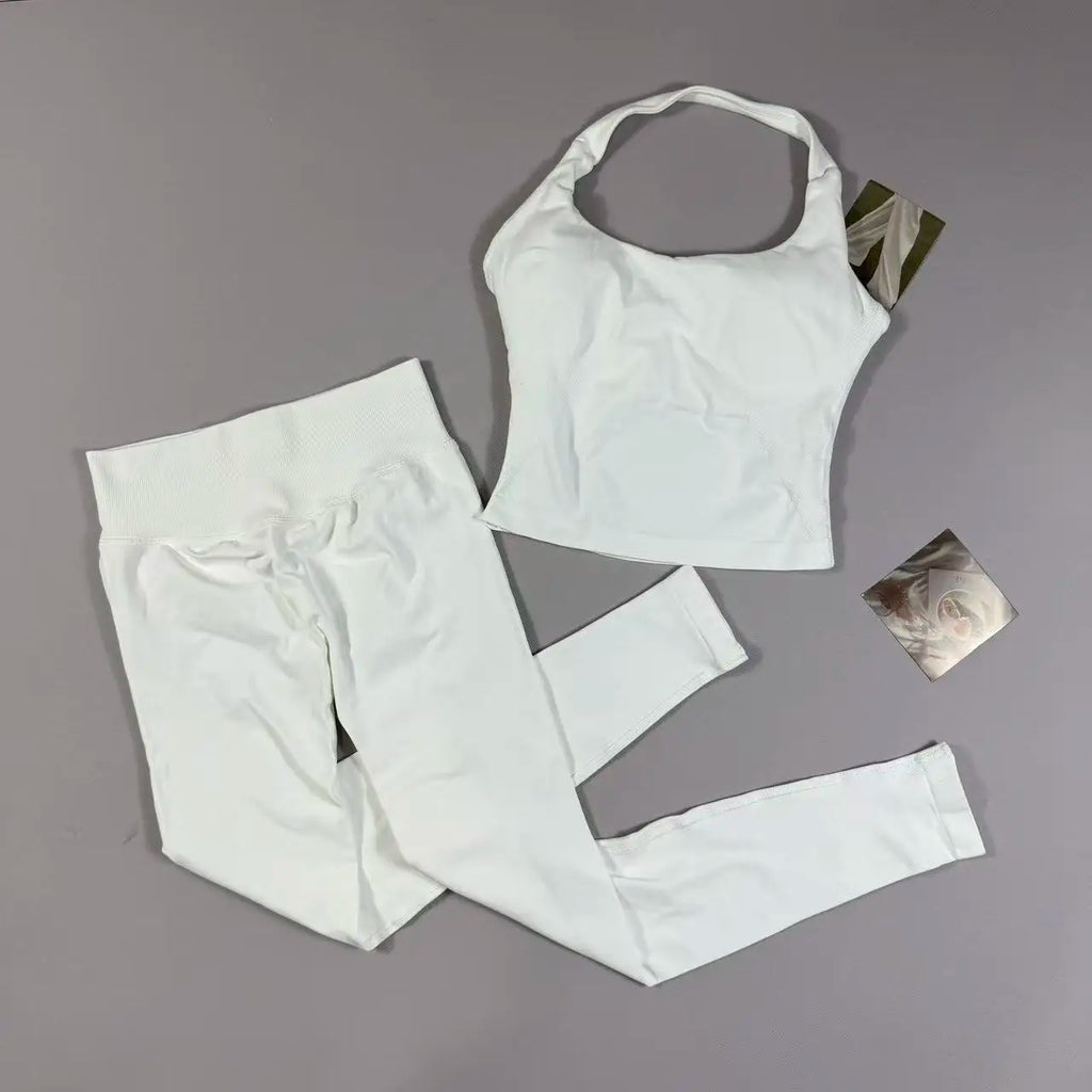OHNE LOGO Yoga-Outfit Sport-Impact-Gym-Set Neckholder-Oberteil und Leggings-Hosen-Sets Rückenloses Neckholder-Design Hochelastische Sportbekleidung