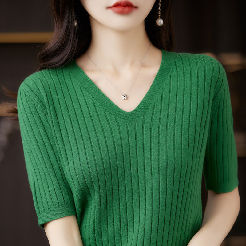 Damen Pullover Frühling Sommer Kurzarm V-Ausschnitt Strickshirt Lässige koreanische Pullover Gestreiftes Unterziehshirt Slim Fit Pullover