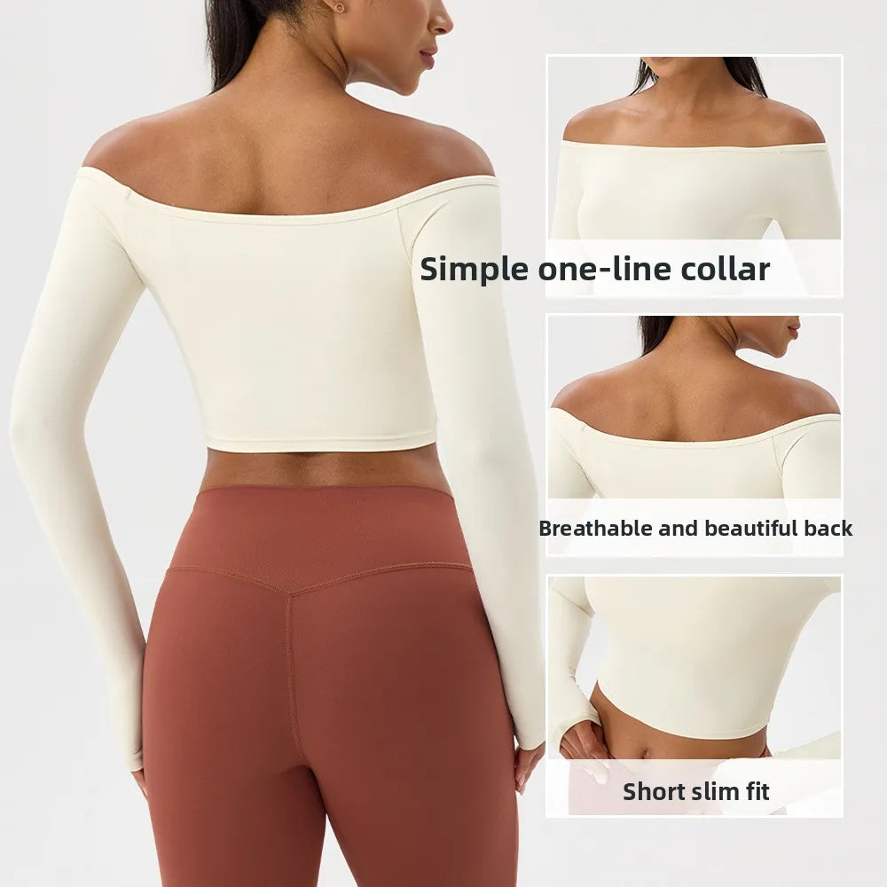 Yoga Langarm T-Shirt Damen Ein-Schulter Sexy Eng Anliegende Fitness-Oberteile Nude-Feel Schnelltrocknendes Sport Langarm Yoga Shirts