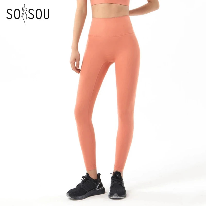 SOISOU Nylon Yogahosen Gym Leggings Damen Mädchen Fitness Weiche Strumpfhosen Hohe Taille Elastisch Atmungsaktiv Keine T-Linie Sporthosen