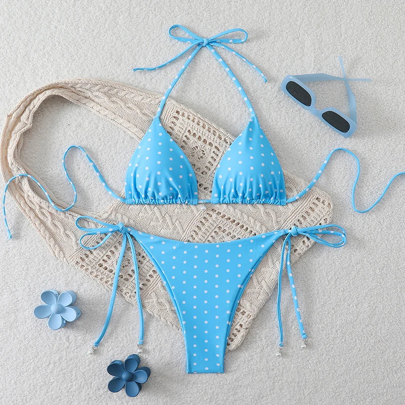 Sexy Micro-Bikini-Sets mit Perlenpunktdruck, Bademode 2026, Badeanzug für Damen, Strandkleidung, Damen Strand Sommer Bikini, zweiteiliger Badeanzug