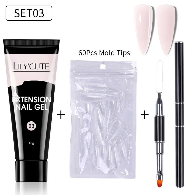 LILYCUTE 15ml Verlängerungsgel-Nagellack-Set Quick Nail Prolong mit Verlängerungsform-Nagelspitzen Acryl-Lösung Maniküre-Werkzeug-Kit